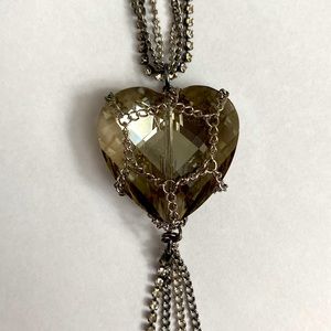 🖤CRYSTAL HEART PENDANT- Hanging heart pendant on 32” triple silver tone chain